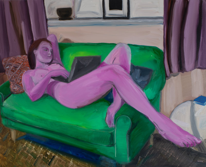Pink femme nude figure reclined at ease upon a green couch holding a laptop.