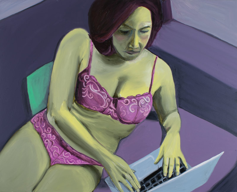 Femme with olive green skin and purple lace underwear props themselves up on their fore arms while typing on a laptop. 