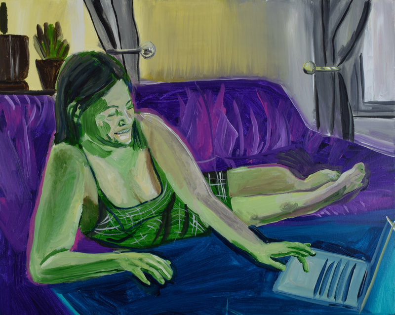 Green female figure reclines on vibrant purple couch with hand out stretched to a laptop.
