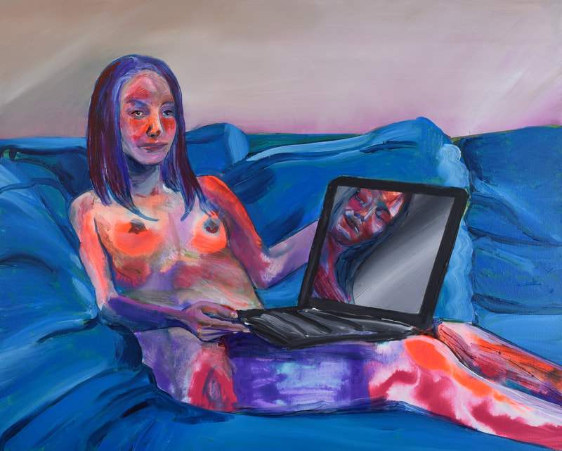 Kaleidoscope colour female nude lounges on blue couch holding a lap top with her portrait reflected in it.  